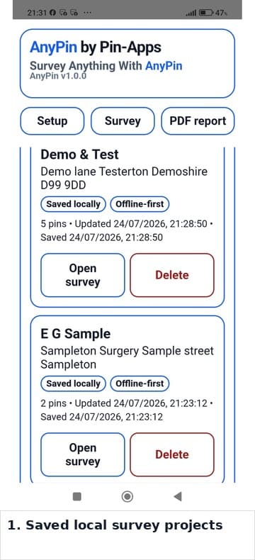 AnyPin dashboard showing saved local survey projects.