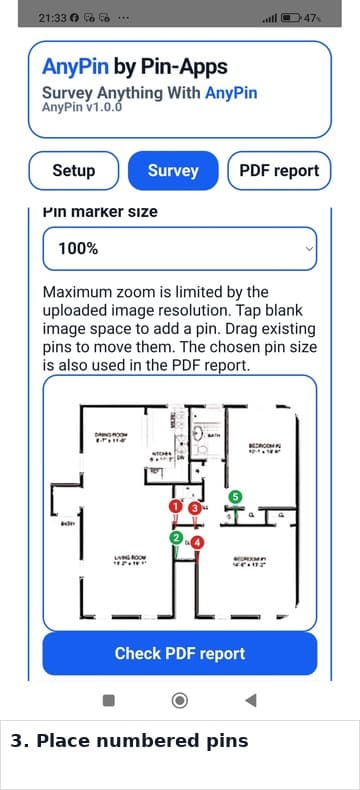 AnyPin survey image with numbered pins placed on the plan.
